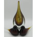 C20th Murano sommerso art glass sculpture in a teardrop shape with brown and cloudy white pattern (