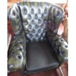 Green leather upholstered arm chair with deep buttoned back and arms and loose seat cushion, W80cm