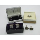 925 silver, marcasite and mother of pearl ring, three pairs of cufflinks and a late C19th Mother