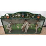 Large cricket diorama sign emblazoned 'Cricketers Tavern' with embossed figural heads of Hobbs,