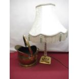 Gilt cast metal and crystal column table lamp with shade on stepped base, H41cm, small brass fuel