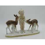 Sitzendorf porcelain figure group modelled as cherub feeding two deer, printed mark, H17cm