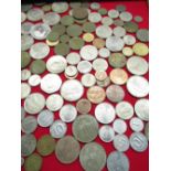 Six drawer coin collectors cabinet including coins from Tunisia, Middle East, Italy, India, Japan,