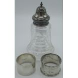 Cut glass and hallmarked silver topped powder jar together with two hallmarked silver napkin