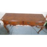 C20th Walnut effect side table with two drawers on cabriole legs, W133cm H69cm