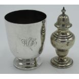 Geo.V hallmarked Sterling silver christening mug with reeded handle, engraved with initials, H8cm,