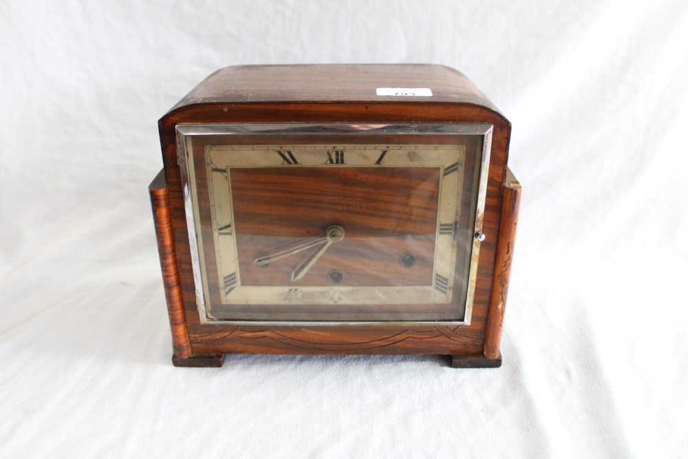 1930s Walnut mantel clock, three train movement, H22cm