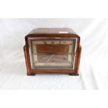 1930s Walnut mantel clock, three train movement, H22cm