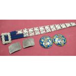 1920s LW of Paris Art Deco cut steel belt buckles, an Art Deco pierced metal and velvet belt and