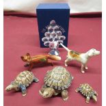 Beswick Hound and a Beswick Fox figure, three Wade tortoise and a Knightsbridge Crystal Peacock