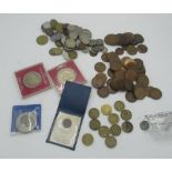 Collection of mixed British and international coins including, one pennies, shillings, francs etc