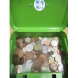 Collection of various UK and foreign coinage in green cash box