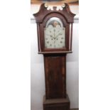C19th mahogany cross banded oak long cased clock, arched painted Roman dial with subsidiary
