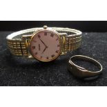 Hallmarked 9ct yellow gold signet ring with round cut diamond, size T, 2.4g and a 1990's Seiko