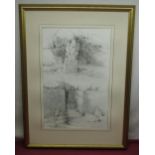 English School (C20th), Study of a fountain and garden sculpture, pencil, indistinctly signed and