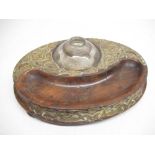 Victorian walnut pen stand with recessed well, single ink well with applied scroll and engraved