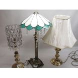 Brass fluted column table lamp with Tiffany style shade, H67cm, Dutch style brass table lamp,