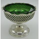 Silver pierced bonbon dish with green glass liner (marks obscured)