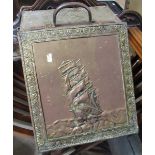 Brass covered slope fall front coal box, lid decorated with sailing ship
