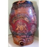 Victorian salt glazed stoneware spirit barrel, relief decorated with a hop bands, Royal crest,