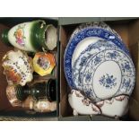 Selection of various pottery including blue & white meat plates, pair of Japanese satsuma vases,