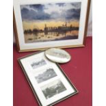 Three framed postcards of Helmsley - "Old Cottage and Beck" and "From The Bridge", oval monochrome
