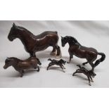 Beswick Shire Horse figure in gloss brown, Beswick gloss brown mare, two Beswick foals and a Beswick