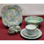 Shelley Melody pattern trio, cake plate, cruet set and bowl