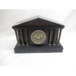 Late C19th French slate mantel clock of classical architectural form, inset with copper panel