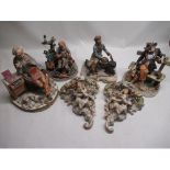 Four Capodimonte Pottery groups and pair of similar Rococo design wall pockets decorated with
