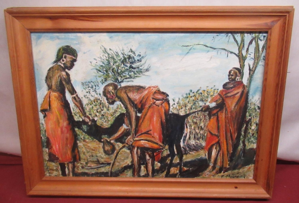 African school (contemporary) three figures with a cow in a landscape, oils on board, indistinctly