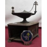 Toc H "Lamp of Maintenance" bronze oil lamp with inscription and snuffer, L24cm H19.5cm, in shaped
