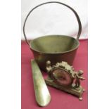 Victorian brass jam pan with steel handle D26cm, small metal cased mantel clock H31cm, brass shoe