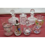 Selection of various decorated glassware, with hand painted flowers including sugar sifter, bowls