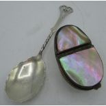 Victorian mother of pearl and brass snuff box, L6cm, and a Victorian hallmarked Sterling silver