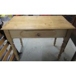 Edwardian waxed pine side table, moulded top with single drawer on turned supports, W90cm D47cm