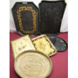 Regency style toleware tray decorated with gilt leafage on a black ground, two Papier-mâché trays,