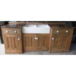 Double Belfast sink with white ceramic handles set in pine surround, W216cm D71cm H90cm