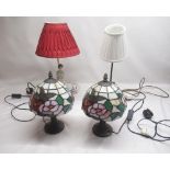 Pair of Tiffany style table lamps (H27cm) together with a figural table lamp and a pug form table
