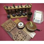 Wooden pipe rack containing Guildhall, Kako, Parker and other pipes, Rabone leather cased tape