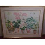 Joanna Allen (British Contemporary), "Garden Flowers in Terracotta Pots", watercolour, signed and