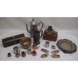 Silver plated coffee pot, pewter "demi-litre" tankard, small PM Storey wood box, etc