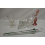 Pressed glass dog figurine in the manner of John Derbyshire , pink and clear glass candlestick,