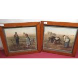 Pair of chromolitho. prints, studies of European farm workers, in oak frames, 33cm x 37cm (2)