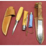 Capt .Curry belt knife (5 inch blade, 10 inch overall), two Opinel folding knives and a carving