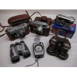 Russian Zorki 4 rangefinder camera, Kiev rangefinder camera, Ricoh RZ-735 camera, pair of French