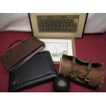 Pair of Lignum Vitae bowls in leather trimmed canvas case, two small attaché cases, unsigned