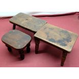 Early C19th country made elm stool, rectangular top on four outsplayed supports, a smaller