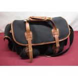 Large Billingham black canvas and tan leather camera bag with added end pockets, approx L63cm