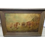 English School (C20th): Cattle grazing in a wooded meadow, a village beyond, oil on canvas,